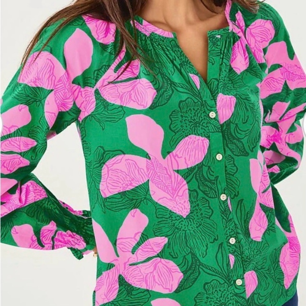 NWT- Lilly Pulitzer Aldina Green & Pink Floral Top- Size L